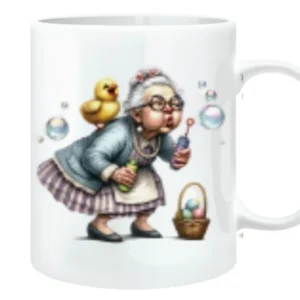 💬 Meta Description (156 characters): Funny Easter Granny Mug bubble-blowing granny